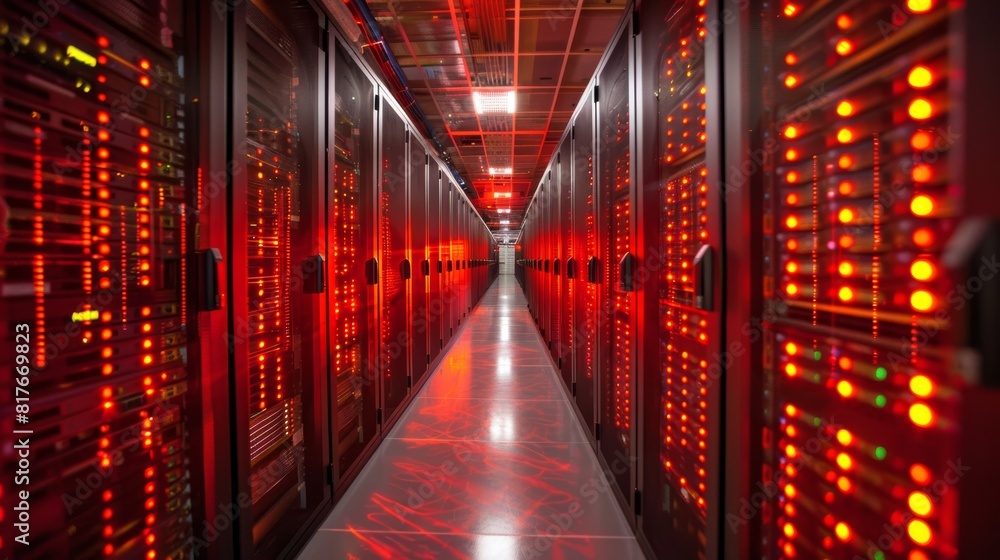 Poster conceptual image of a data center. rows of server racks with red lights.