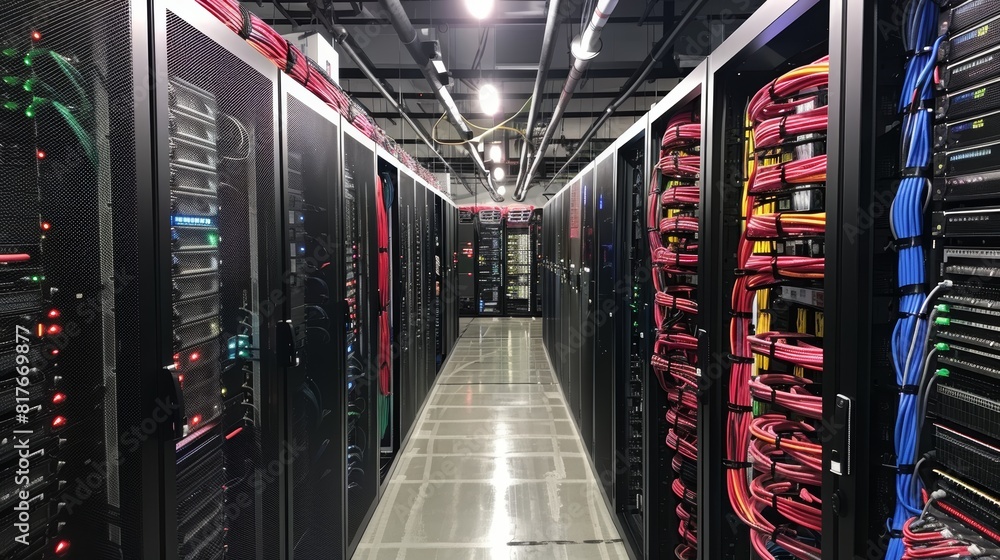 Poster conceptual image of a large modern data center full of server racks.