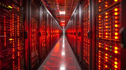 Conceptual image of a data center. Rows of server racks with red lights.