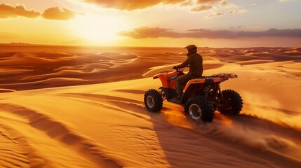 Sunset orange ATV racing across sandy dunes, copy space for text on the left side.