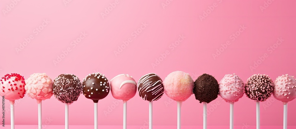 Poster a copy space image featuring cake pops arranged on a pink background