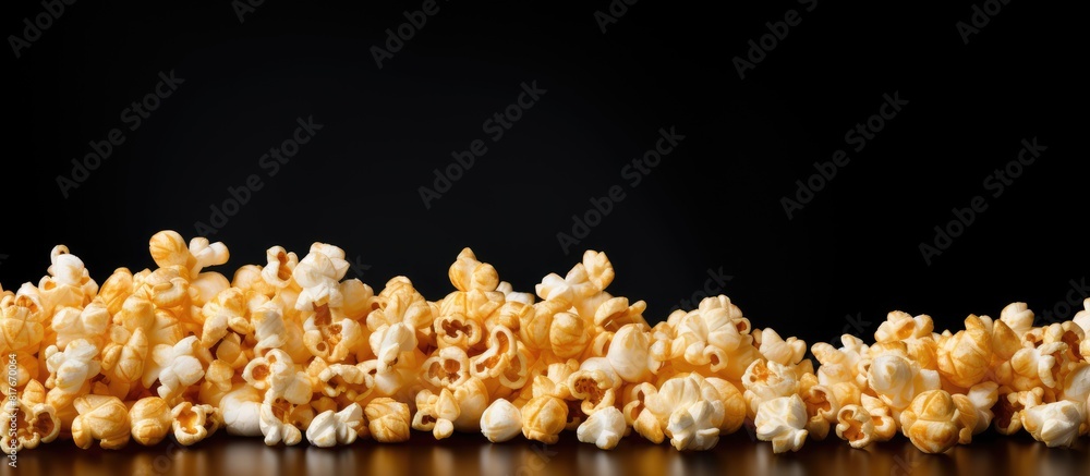 Poster On a black background there is a row of popped popcorn and a row of un popped corn kernels The image includes copy space