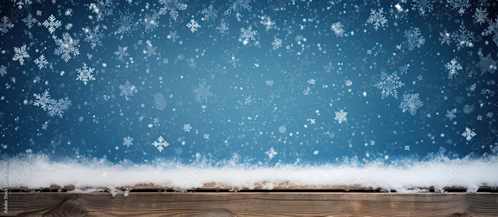 Aufkleber a wooden winter backdrop with blue horizontal boards covered in snow and snowflakes serving as a bac