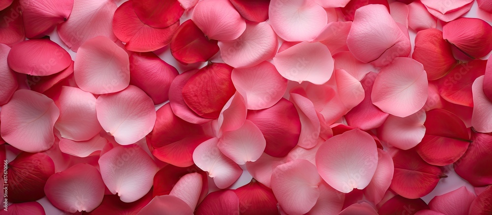 Poster a visually appealing background image featuring a captivating arrangement of rose petals with ample 