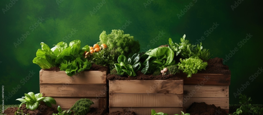 Poster Wooden boxes filled with compost soil and compostable vegetables are placed on an isolated green background creating a copy space image