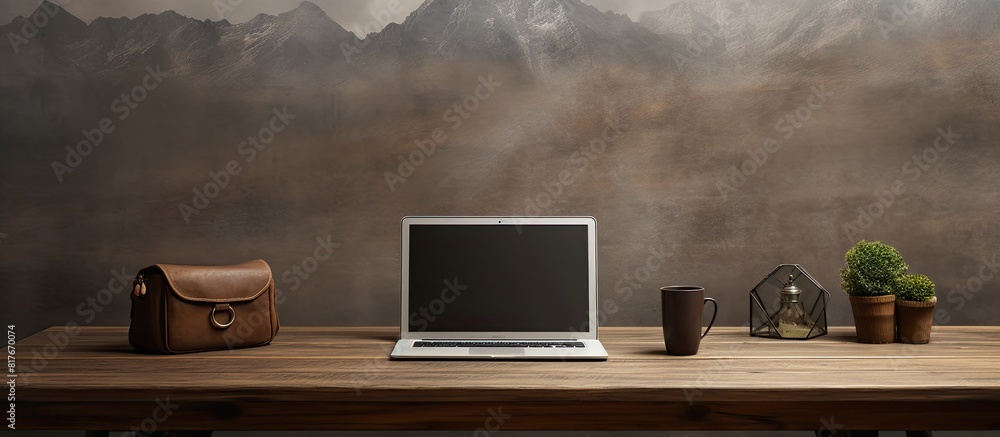 Aufkleber In the office there is a laptop placed on a table with a blank screen providing empty space for an image. Creative banner. Copyspace image