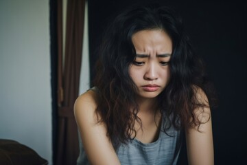portrait of upset asian women feel strain or tired from mental health illness