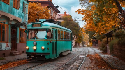 Obraz premium Vintage turquoise trolley in a quaint old town during fall, space for text on the left.