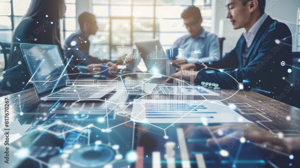 Poster a group of professionals in a meeting with laptops, analyzing data with a digital futuristic overlay