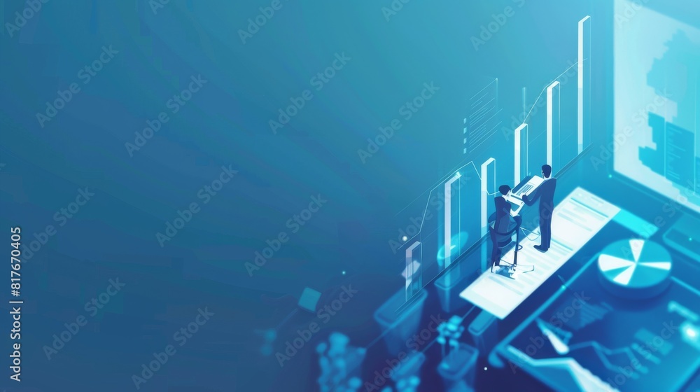 Poster a digital illustration of a person analyzing business data on a futuristic interface with bar charts