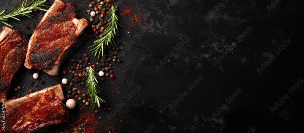 Poster textured stone background with a space for your text showcasing flavorful marinated pork ribs season