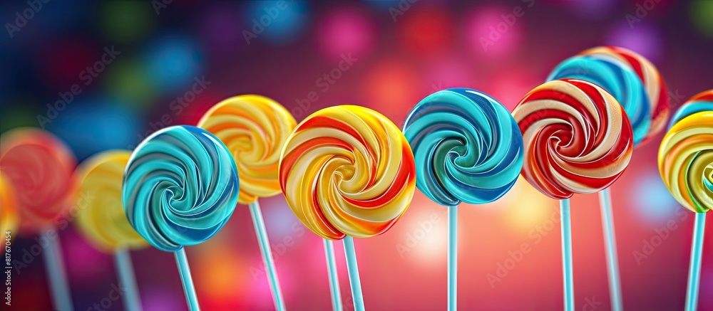Poster colorful spiral lollipops placed against vibrant backgrounds leaving empty space for images. creativ