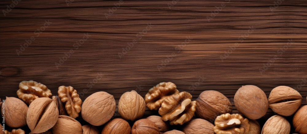 Poster a close up copy space image of walnuts scattered on a wooden background