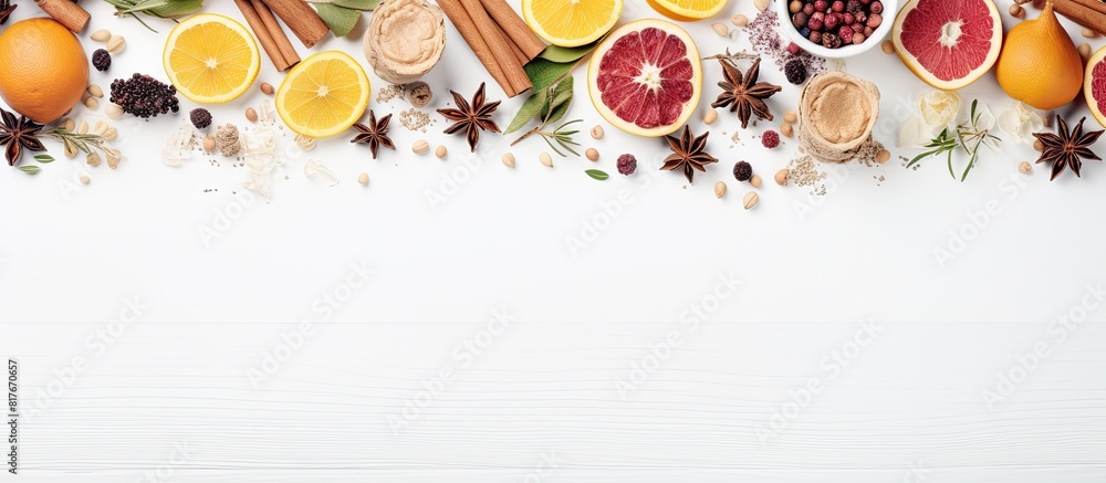 Poster a flat lay composition featuring a white wooden table adorned with dried herbal tea leaves fresh fru