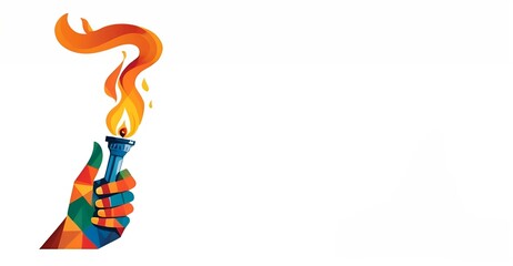 a torch with the Olympic flame in the hands of  athlete in a watercolor illustration with non-existent symbols of Paris at the Olympic Games