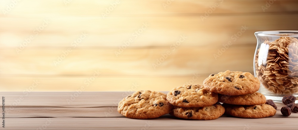Aufkleber On a wooden table a brown mask of homemade oatmeal cookies with raisins is displayed creating a copy space for text