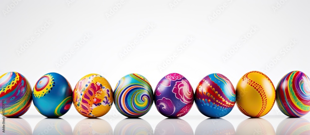 Poster Festively painted Easter eggs on a white background creating a vibrant and visually appealing copy space image