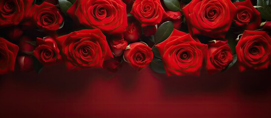 A copy space image of a greeting card mockup on a beautiful floral backdrop of scarlet roses providing room for your text