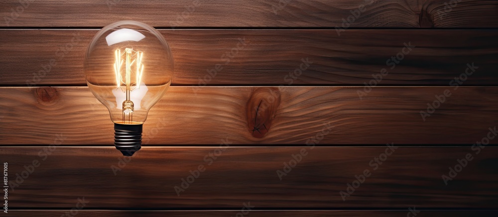 Poster A light bulb is placed on a wooden surface providing a top down perspective The image includes ample copy space for additional content
