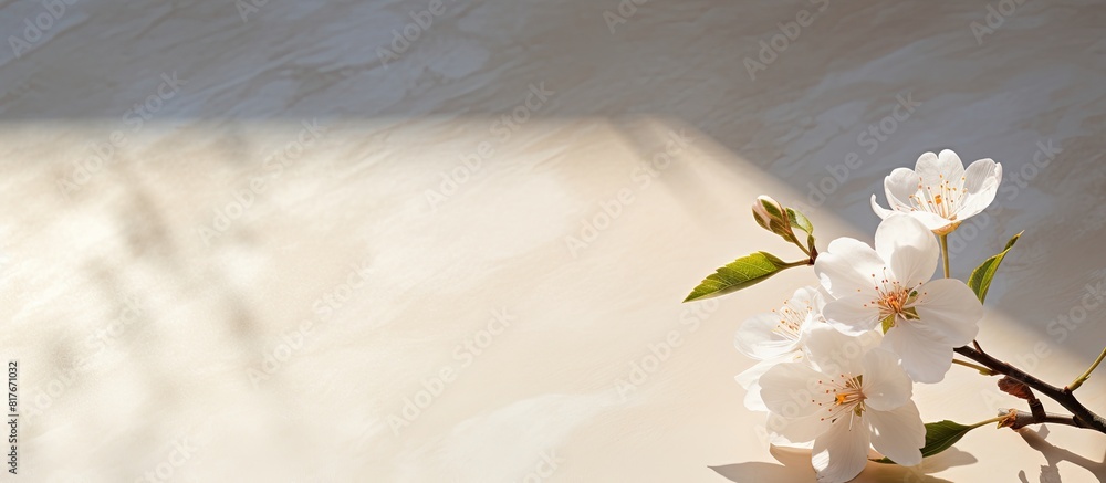 Leinwandbilder on a sunny table there is a white almond tree flower resting against a textured surface creating a v