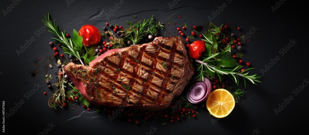Aufkleber A dark background showcases a top view of a juicy entrecote steak with the option to add text or other design elements using copy space