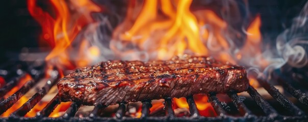 grilled beef meat on grill with hot flames