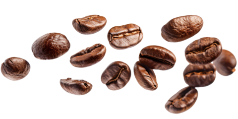 flying coffee beans isolated on white or transparent png