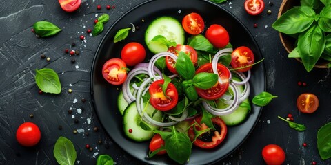 fresh salad with cherry tomatoes, sliced cucumbers, basil and onions on dark background - Powered by Adobe