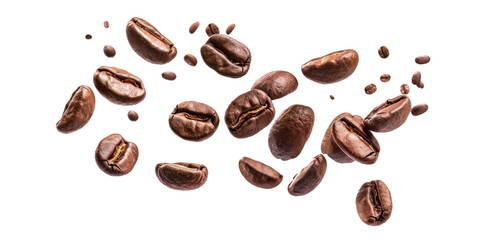 Obraz premium flying coffee beans isolated on white or transparent png