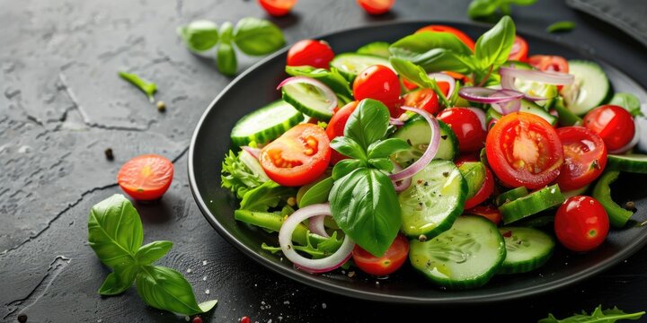 fresh salad with cherry tomatoes, sliced cucumbers, basil and onions on dark background