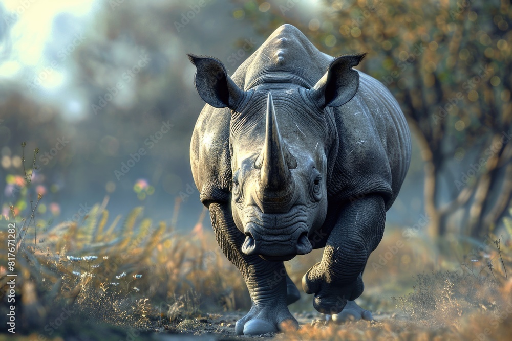 Poster A powerful rhino running through the wild brush. Suitable for wildlife and nature themes