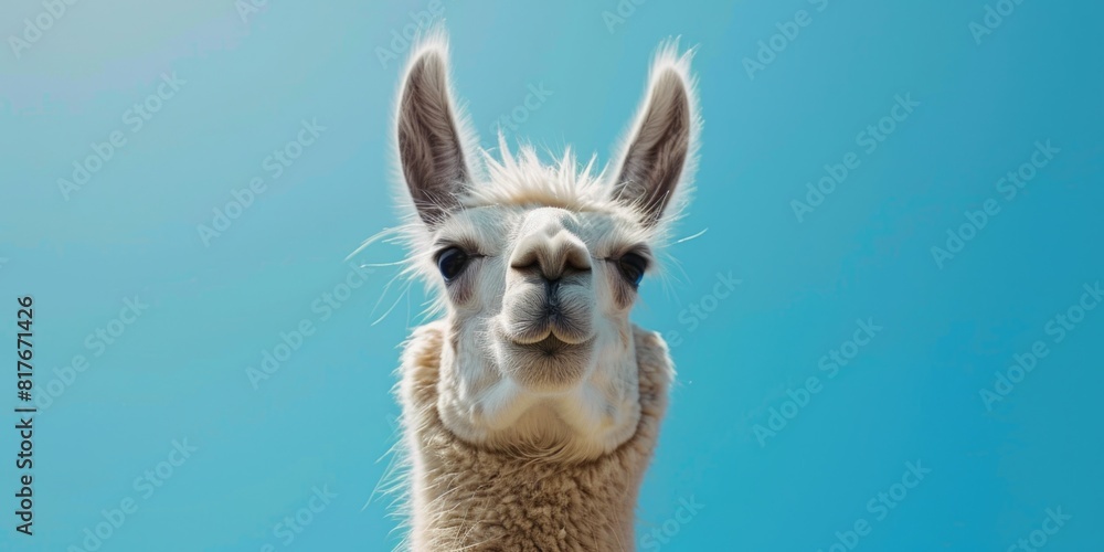 Wall mural Close-up of a llama's face with a blue sky background. Ideal for animal lovers and nature enthusiasts