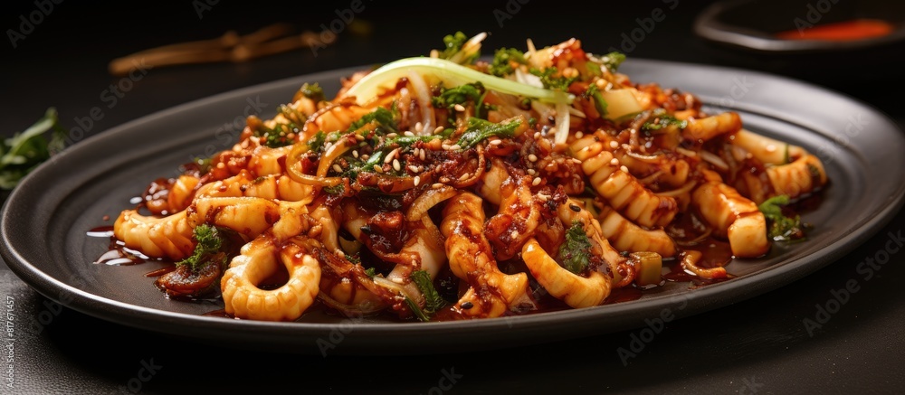 Poster a korean style dish of asian squid stir fried with roasted chili paste resulting in a spicy and flav