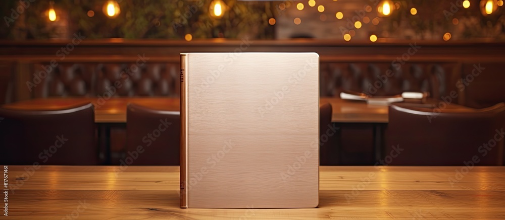 Aufkleber A diary with a brown cover is placed on a wooden desk providing a background with empty space for an image. Creative banner. Copyspace image