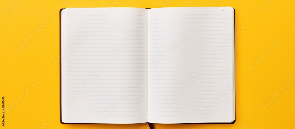 Leinwandbilder Top view of a trendy open notebook with blank pages on a vibrant yellow background providing ample space for text