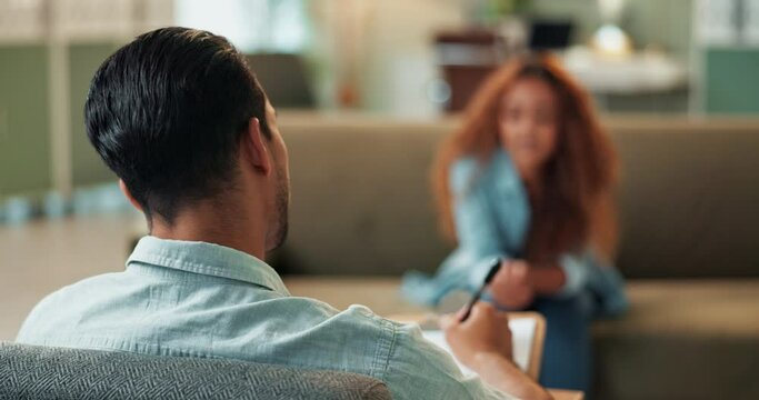 Man, therapist and consulting with client in stress, anxiety or discussion with notes or writing down emotional feelings. Psychologist talking to patient for open mind conversation or therapy session