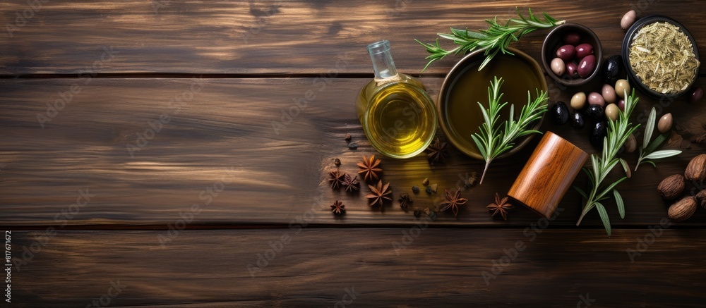 Poster a top view of cooking utensils and olive oil on a wooden table providing ample space for additional 