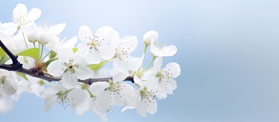 Close up image of white blossoms on an apple tree twig during spring with copy space