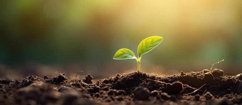 A seedling and plant are seen thriving in soil surrounded by open space to insert text or other elements. Creative banner. Copyspace image