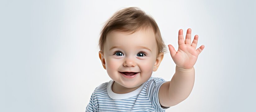Funny gestures performed by a one year old baby on a white background captured in a photo with ample copy space