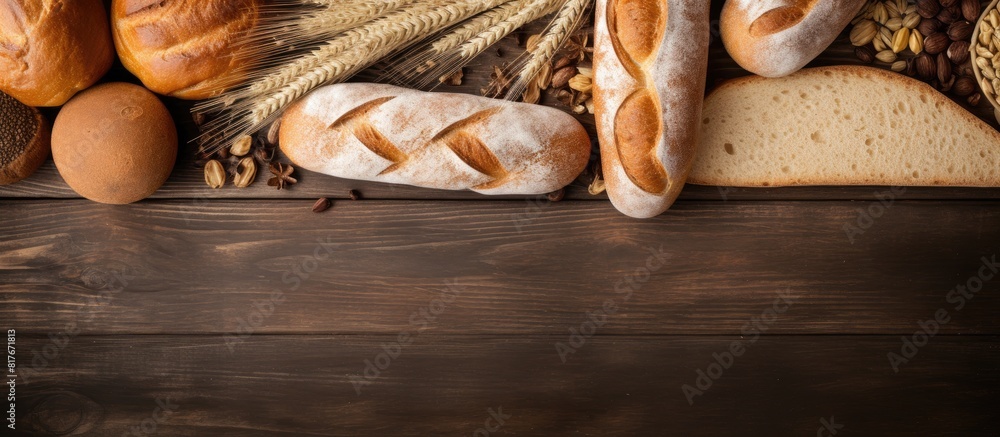 Poster Top view of a flat lay composition featuring freshly baked bread on a rustic wooden surface creating a visually appealing copy space image