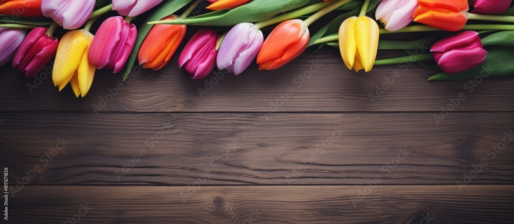Aufkleber an image of spring tulips flowers placed on an aged wooden surface providing ample space for additio