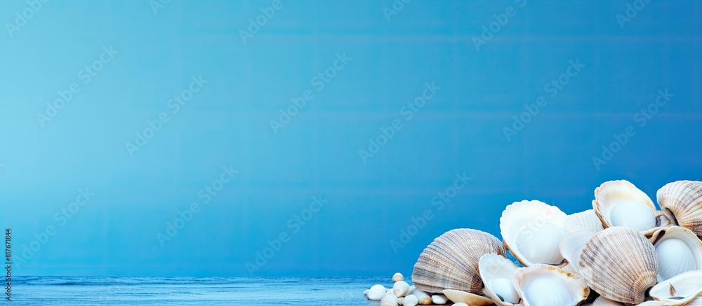 Poster Blue background with seashells providing copy space image