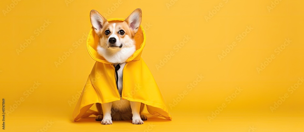 Poster corgi dog in a halloween costume posing against a bright yellow background with plenty of empty spac
