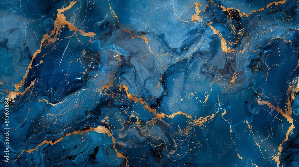 Poster abstract blue and gold marble pattern with fluid, ink-like swirls creating an artistic and luxurious