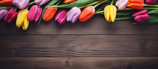 An image of spring tulips flowers placed on an aged wooden surface providing ample space for additional content