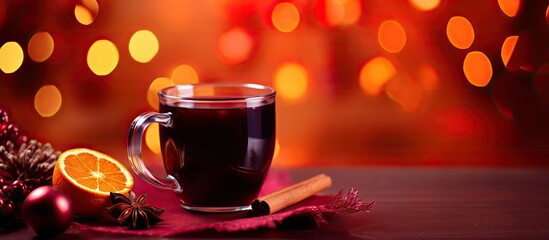 A festive Christmas scene featuring a copy space image of mulled wine on a vibrant red background adorned with beautiful bokeh effects - Powered by Adobe