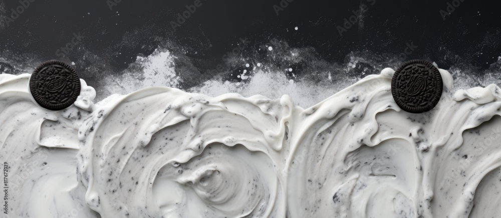 Poster food concept featuring a top view of cookies and cream ice cream on a smooth surface with space avai