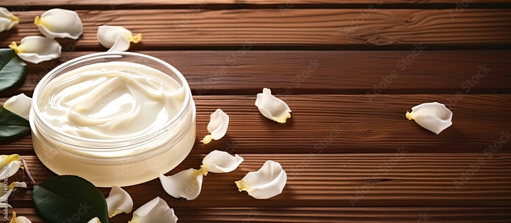 Aufkleber on a vibrant wooden table there is a cosmetic cream embellished with white rose petals a copy space 