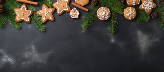 A top view copy space image of Christmas gingerbread cookies and fir branches on a dark concrete background - Powered by Adobe